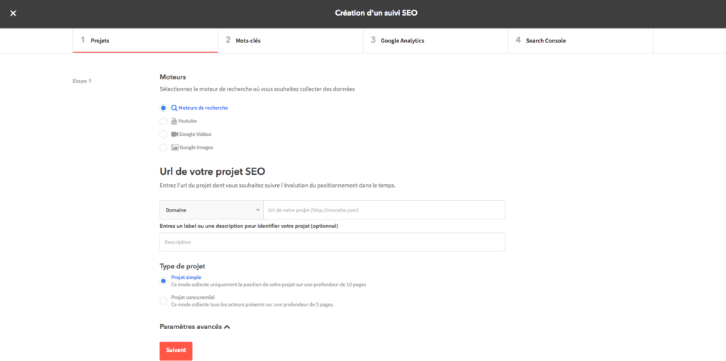 Nouvelle fenêtre de création de projet