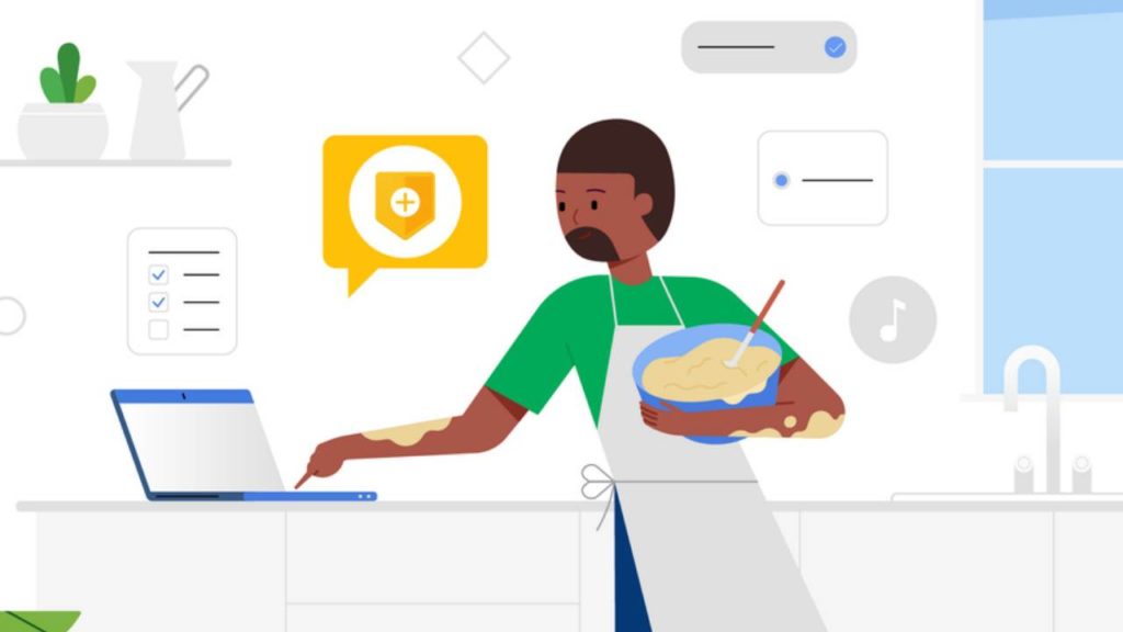 Illustrateion of a man cooking with batter on his arms as he works on a laptop in the kitchen showing the Google Security sign on the screen