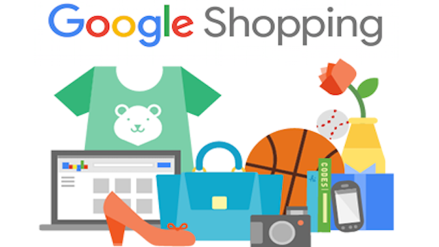 Google Shopping sign with various products under it - a laptop, high heel shoe, purse, basketball, digital camera. Baseball, wrapped present, mobile phine and vase with a flower in it.