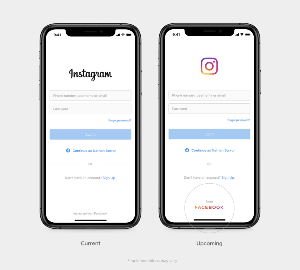 Two iPhones with the instagram log in screen on- the one on the right shows the name Instagram and log in to show what currently appears and the iPhone on the left only has the instagram logo on the top, log in details and at the bottom ‘from FACEBOOK’ with the brand colours of instagram 