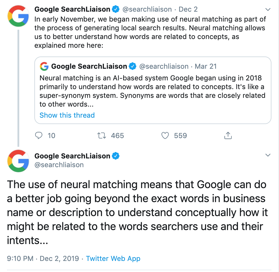 Twitter thread of Google Search Liaison announcing the inclusion of neural matching in generating local search results.